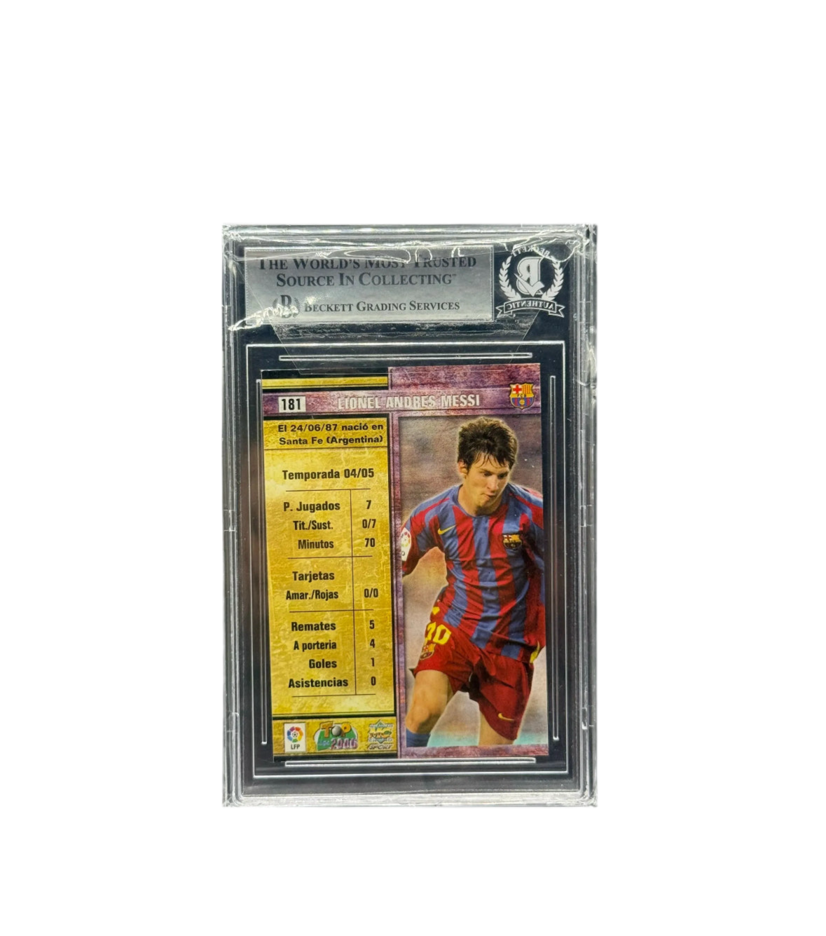 2005/06 La Liga Mundi Cromo Messi Foil Auto Beckett Authenticated