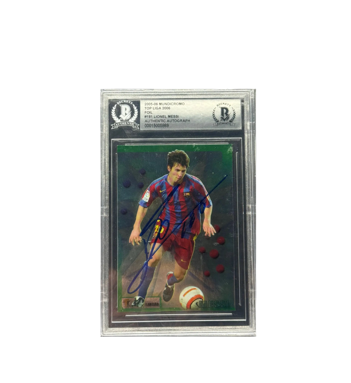 2005/06 La Liga Mundi Cromo Messi Foil Auto Beckett Authenticated