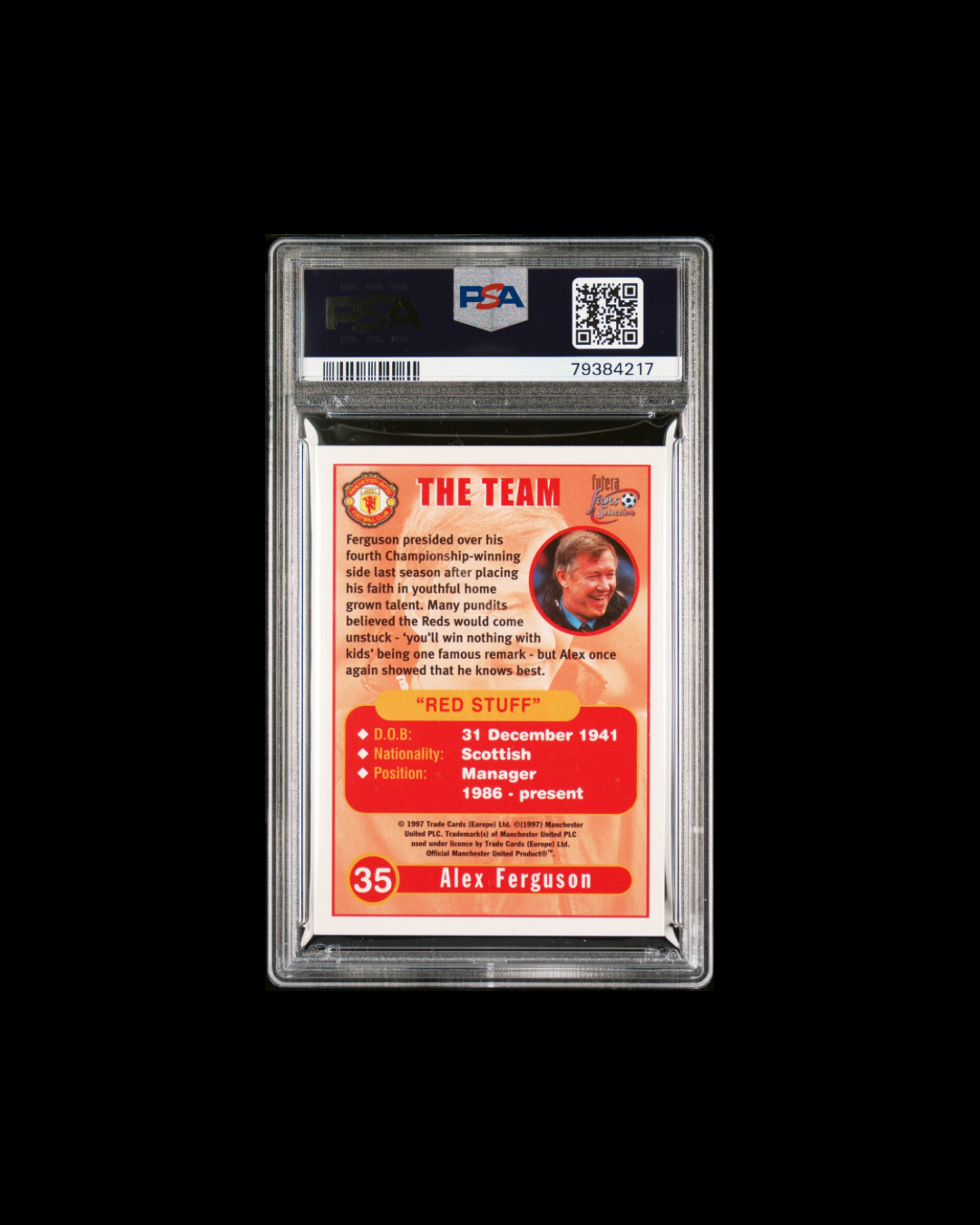 1997 FUTERA FAN'S SELECTION MANCHESTER UNITED #35 ALEX FERGUSON MANCHESTER UNITED PSA GEM MT 10