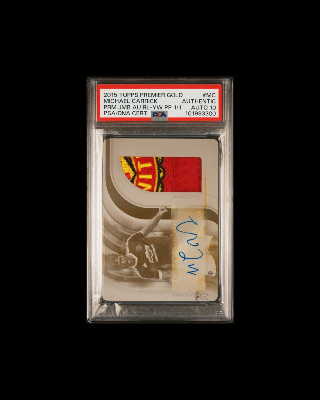 2015 TOPPS PREMIER GOLD PREMIER JUMBO AUTOGRAPHED RELICS #MC MICHAEL CARRICK PRM JMB AU RL-YW PP 1/1 PSA/DNA AUTHENTIC AUTO 10