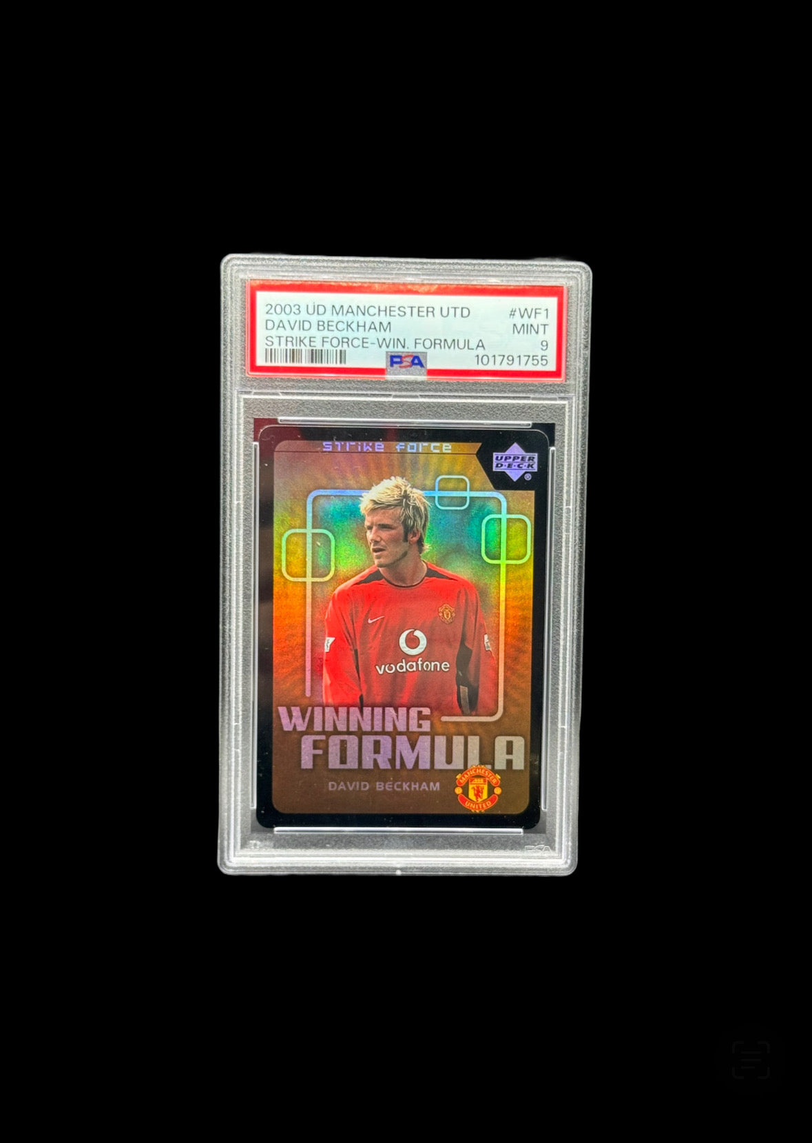2003 UPPER DECK MANCHESTER UNITED STRIKE FORCE-WINNING FORMULA #WF1 DAVID BECKHAM STRIKE FORCE-WIN. FORMULA PSA 9