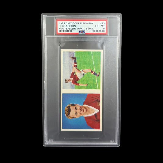 1958 CHIX CONFECTIONERY
R. CHARLTON FOOTBALLERS PORT. & ACT. #23 PSA 6