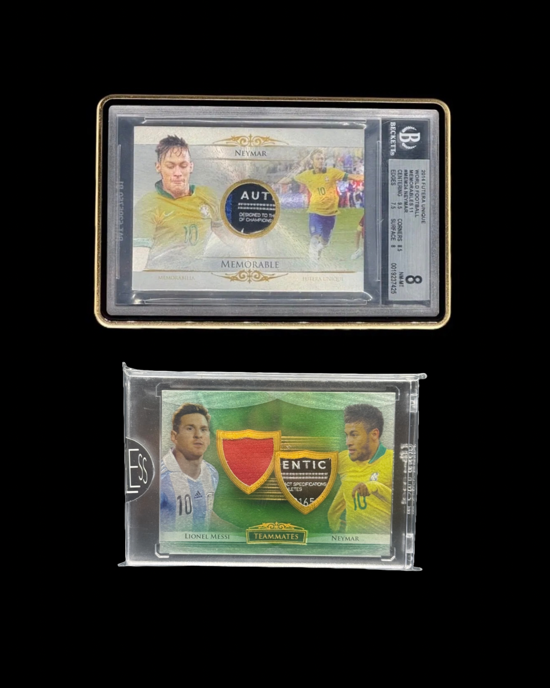 2014 FUTERA UNIQUE WORLD FOOTBALL MEMORABLES  #MEM24 NEYMAR BGS 8 + 2014 FUTERA UNIQUE WORLD FOOTBALL TEAMMATES MESSI/ NEYMAR PATCH (SET)