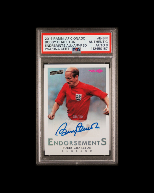 2016 PANINI AFICIONADO
BOBBY CHARLTON
ENDRSMNTS.AU.-A/P-RED
PSA/DNA CERT AUTHENTIC AUTO 8