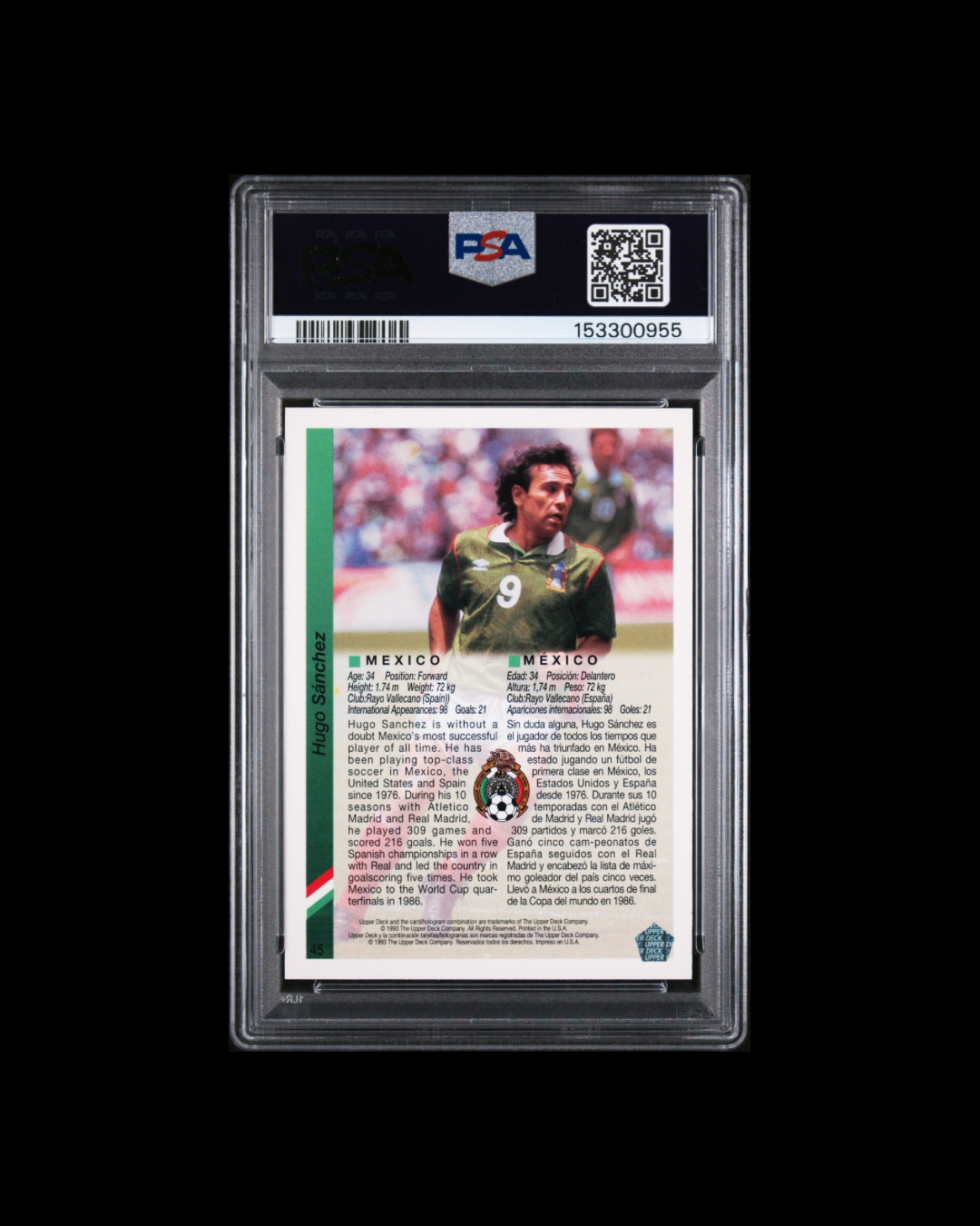 1993 UD World Cup Soccer Hugo Sánchez English/Spanish PSA 10