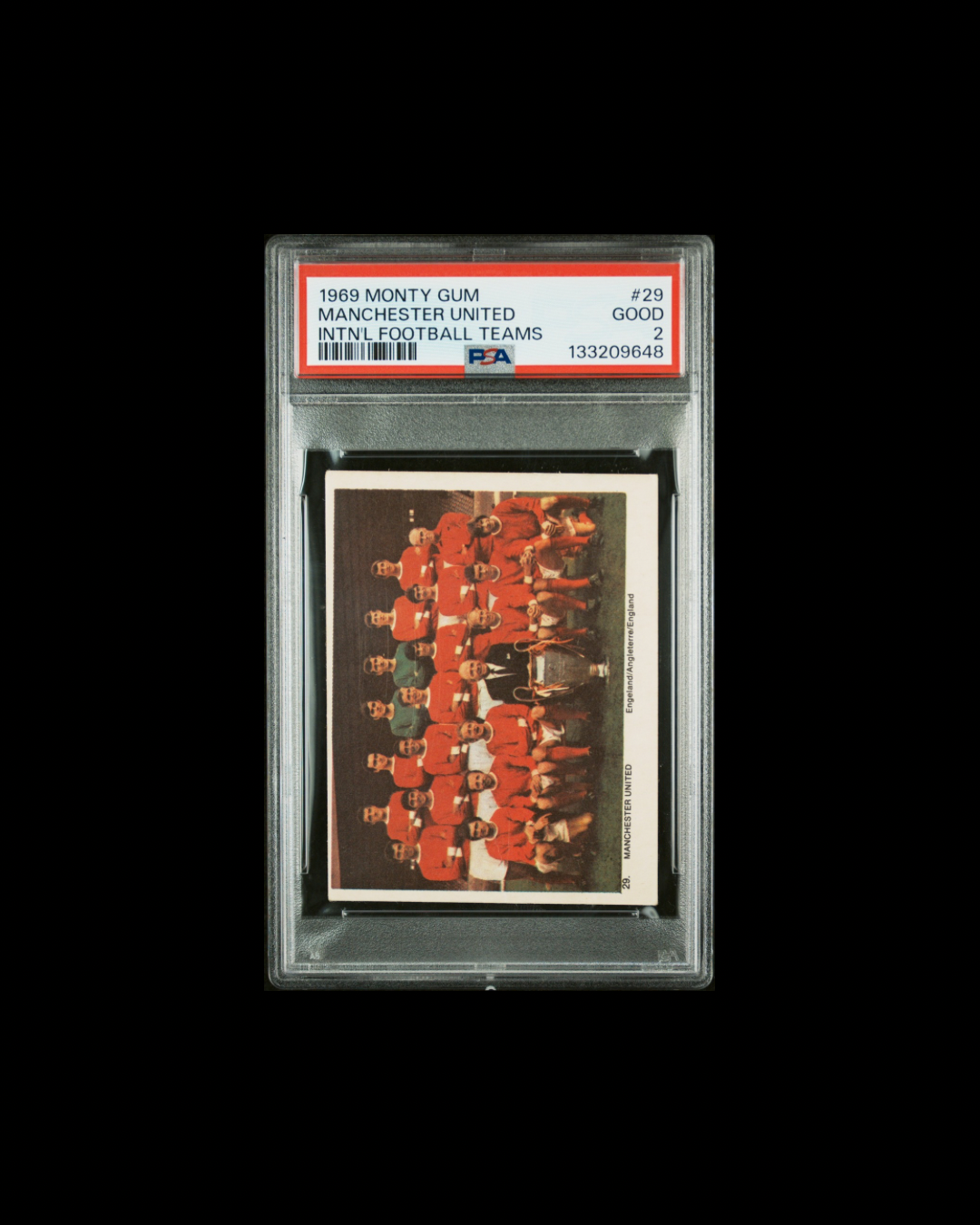 1969 MONTY GUM INTERNATIONAL FOOTBALL TEAMS #29 MANCHESTER UNITED INTN'L FOOTBALL TEAMS PSA 2