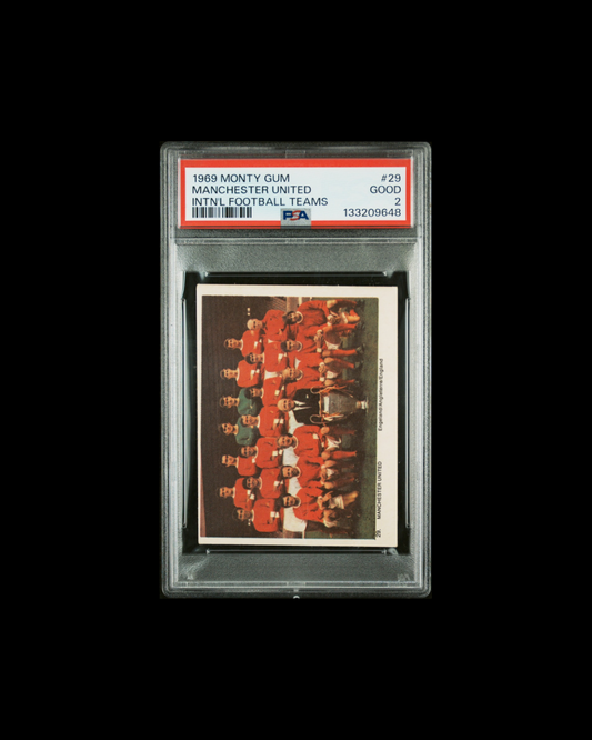 1969 MONTY GUM INTERNATIONAL FOOTBALL TEAMS #29 MANCHESTER UNITED INTN'L FOOTBALL TEAMS PSA 2