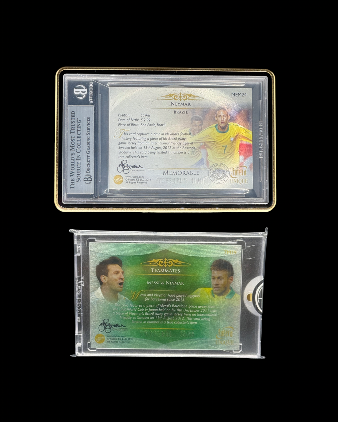 2014 FUTERA UNIQUE WORLD FOOTBALL MEMORABLES  #MEM24 NEYMAR BGS 8 + 2014 FUTERA UNIQUE WORLD FOOTBALL TEAMMATES MESSI/ NEYMAR PATCH (SET)