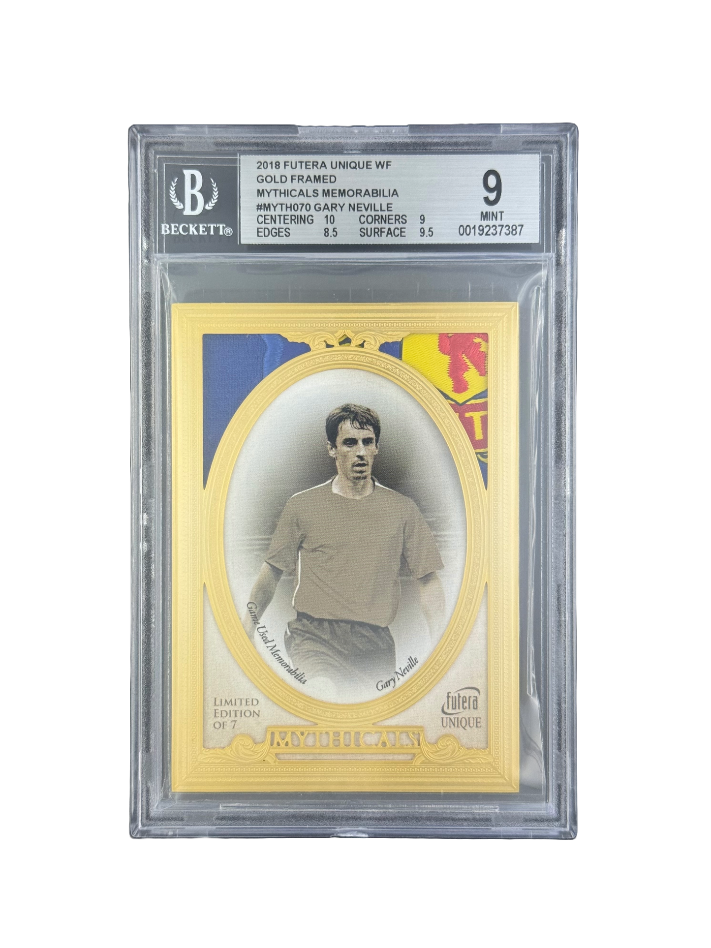 2018 FUTERA UNIQUE WF
GOLD FRAMED
MYTHICALS MEMORABILIA
#MYTH070 GARY NEVILLE BGS 9