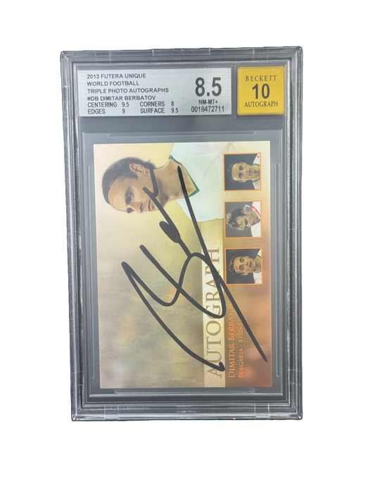 2013 FUTERA UNIQUE
WORLD FOOTBALL
TRIPLE PHOTO AUTOGRAPHS
#DB DIMITAR BERBATOV BGS 8.5 AUTO 10