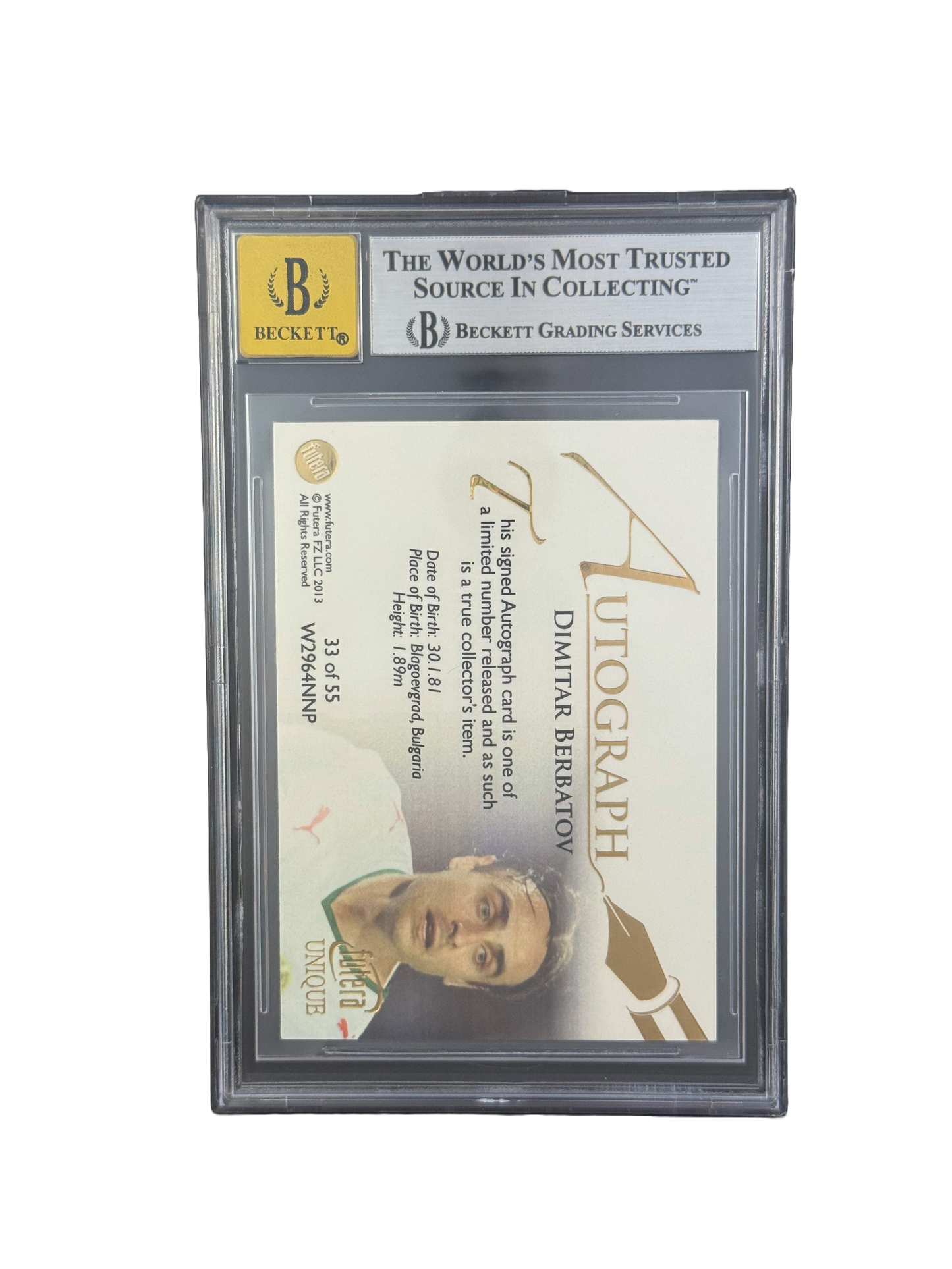 2013 FUTERA UNIQUE
WORLD FOOTBALL
TRIPLE PHOTO AUTOGRAPHS
#DB DIMITAR BERBATOV BGS 8.5 AUTO 10